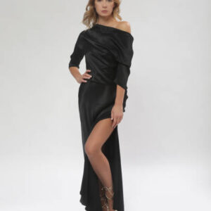 Serie of studio photos of female model wearing black maxi silk dress